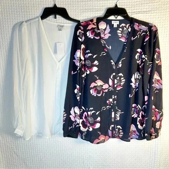 J. Crew Factory Tops - J. Crew LOT OF TWO Sz 10 Sheer V-Neck Tops Popover White & Blue Floral TINY FLAW